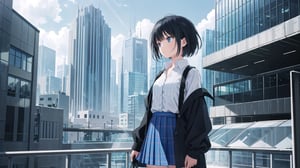 masterpiece, best quality, high quality, extremely detailed CG unity 8k wallpaper, extremely detailed, High Detail, vibrant colors, backlight, photo background,

(1girl, solo), skirt, shirt, black hair, long sleeves, standing, outdoors, solo focus, day, blurry, looking to the side, plaid, blurry background, plaid skirt, walking, a modern building with large glass windows,

A young girl with black short hair standing in front of a modern building with large glass windows, She is wearing a white cardigan, a ribbed white button-up top, and a gray plaid skirt, The sky is clear and blue, The building in the background features curved architecture and reflective glass panels, The overall scene is calm and serene,