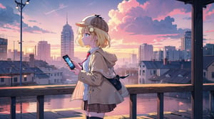 masterpiece, best quality, high quality, extremely detailed, High Detail, vibrant colors, backlight, colorful, illustration, purple and pink hues

(1girl, solo), short hair, blue eyes, blonde hair, monocle hair ornament, from side, standing, virtual youtuber, amelia watson, watson amelia, amelia_detective, collared shirt, red necktie, plaid skirt, thighhighs, (detective accessories:0) deerstalker, brown capelet, pocket watch, stethoscope, syringe, 

outdoors, sky, cloud, wind, sunset, sunset sky, large clouds, detective outfit, plaid hat, wind blowing, soft lighting, outdoor scene, 