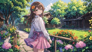 masterpiece, best quality, high quality, extremely detailed CG unity 8k wallpaper, extremely detailed, High Detail, vibrant colors, backlight, photo background, 

(1girl, solo), long hair, looking at viewer, smile, bangs, skirt, brown hair, shirt, long sleeves, brown eyes, standing, flower, outdoors, looking back, lips, head tilt, plaid, pink shirt, pink plaid shirt, plaid shirt, 

green plants, stairs, railing, walkway, orange flowers, outdoor, park, garden, lush greenery, metal railing, peaceful environment, nature scenery