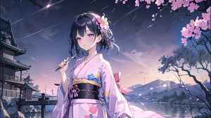 masterpiece, best quality, high quality, extremely detailed CG unity 8k wallpaper, extremely detailed, High Detail, vibrant colors, backlight, photo background, dreamy atmosphere, serene, peaceful, pastel colors,

1girl, solo, short hair, black hair, hair ornament, flower, japanese clothes, hair flower, kimono, blurry, lips, sash, looking up, yukata, fireworks, sparkler,

A woman wearing a traditional light purple kimono, holding a sparkler at night, She has pink and white flowers in her hair, The background features a water surface with colorful, blurred lights, creating a dreamy atmosphere,