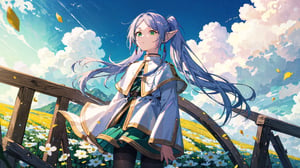 masterpiece, best quality, high quality, extremely detailed CG unity 8k wallpaper, extremely detailed, High Detail, vibrant colors, backlight, photo background, 

(1girl, solo), frieren, long hair, twintails, (green eyes:1.5), grey hair, pointy ears, elf, shirt, long sleeves, jewelry, pantyhose, earrings, striped, black pantyhose, capelet, striped shirt, 

upper body, outdoors, sky, pointy ears, cloud, hand up, blurry, from side, petals, floating hair, field,

A fantasy elf girl with long silver hair, standing in a field of flowers with a dreamy sky background, She is holding a magical staff and her hair is flowing in the wind, The scene is serene and filled with soft light, 