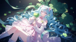 Beautiful anime-style girl in a pastel pink and white Lolita dress with lace and ribbon details, long curly light blue hair with pink bows, adorned with pink flowers, holding a large green prop. She is posed in front of a large green Lucky clover decoration, resembling a heart-shaped green leaf, with a green ribbon adding a pop of color. The background is dark, creating a stark contrast to her outfit. Elegant and whimsical atmosphere, detailed and intricate design, with vibrant colors and soft shading typical of anime art.