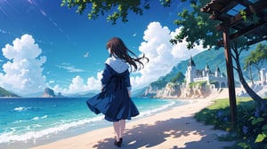 masterpiece, best quality, high quality, extremely detailed CG unity 8k wallpaper, extremely detailed, High Detail, vibrant colors, backlight, photo background, 

(1girl, solo), long hair, standing, outdoors, sky, day, from behind, shadow, scenery,

A girl standing at the exit of a rocky tunnel, sunlight streaming in, creating strong contrasts of light and shadow, The girl is facing the ocean, back to the camera, illuminated by the sunlight, The tunnel is framed by tall rock walls, with a serene and beautiful scene of the blue ocean and bright sky outside. The person is dressed casually, seemingly enjoying the natural beauty of the moment,