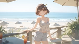 A young woman with short, brown hair adorned with a hair ornament, wears a bright smile as she gazes directly at the viewer. Her short locks are styled to perfection, framing her heart-shaped face. She's dressed in light denim shorts and a floral camisole, exuding effortless charm. Set against the serene backdrop of an ocean-filled horizon, she stands confidently by a railing, surrounded by beach umbrellas providing shade. A pair of drinks sit on a nearby table, as if inviting the viewer to join her in this idyllic outdoor setting.