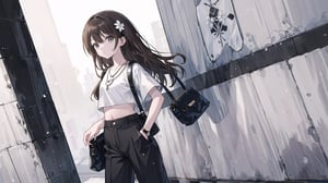 masterpiece, best quality, high quality, extremely detailed CG unity 8k wallpaper, extremely detailed, High Detail, vibrant, colors, backlight, simpler background, white background, grayscale background, elegant, chic, stylish, fashionable,

(1girl, solo), long hair, looking at viewer, brown hair, shirt, holding, jewelry, standing, upper body, flower, short sleeves, shoes, midriff, pants, necklace, bag, crop top, hand on hip, black shirt, white footwear, sneakers, watch, handbag, white pants, tiles, wristwatch, holding bag,

A young fashionable woman standing in front of a wall decorated with white floral reliefs, wearing a black crop top, white loose pants, gray sneakers, and holding a black handbag, minimalist and modern style, stylish accessories, 