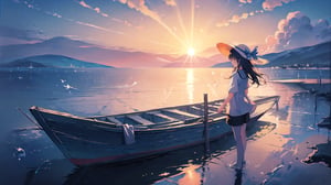 masterpiece, best quality, high quality, extremely detailed CG unity 8k wallpaper, extremely detailed, High Detail, vibrant, colors, backlight, ethereal, dreamy, soft lighting,

(1girl, solo), shirt, black hair, hat, white shirt, outdoors, sky, shorts, water, ocean, white headwear, black shorts, sun hat, sunset, photo background,

A girl standing by the sea during sunset, wearing a white lightweight blouse and black shorts, with a white wide-brimmed straw hat, The background features a calm ocean with multiple boats anchored in the distance, and the sky displaying a beautiful gradient from orange to blue, surrounded by soft clouds and gentle light reflections on the water, giving a serene and magical atmosphere,