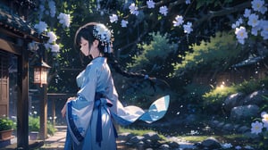 masterpiece, best quality, high quality, extremely detailed CG unity 8k wallpaper, extremely detailed, High Detail, vibrant colors, backlight, photo background, 

(1girl, solo), long hair, black hair, hair ornament, long sleeves, holding, closed mouth, standing, closed eyes, braid, flower, hair flower, wide sleeves, blurry, from side, profile, chinese clothes, realistic, branch, hanfu,

A woman in traditional Chinese clothing, wearing a light blue flowing robe, with her hair elegantly styled and adorned with delicate hair accessories, The background is filled with blooming white flowers, creating a romantic and classical atmosphere, The overall scene is ethereal and dreamy,