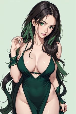looking at viewer,large breasts,streaked hair,photo,realistic,masterpiece,best quality,super detail,1girl,midium length hair,green eyes,soft coler background,wavy hair ,perpect body,4k, minimal sexy black dress, sexy pose.