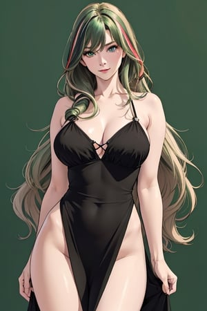 looking at viewer,large breasts,streaked hair,photo,realistic,masterpiece,best quality,super detail,1girl,midium length hair,green eyes,soft coler background,wavy hair ,perpect body,4k, minimal sexy black dress, sexy pose.