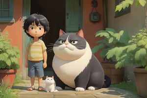 little boy standing next to cute fat cat,black hair,long hair, summer day, symmetry face, niji style, ghibli style,3D