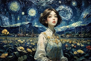 city skyscraper| darkness ,centered| detailed gorgeous face| anime style| key visual| intricate detail| highly detailed|centered, perfectly composed, blends Van Gogh's blue "Starry Night" colors, Dali's surrealism, and Mucha's Art Nouveau style to present a harmonious dream where reality and fantasy are blurred.,Flower s wedding, Full Fantasy Flower,fangao