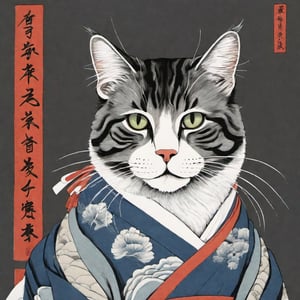 dark grey tabby cat white bottom, Ukiyo-e style,cotton paper texture,hand draw line,aw0k cat