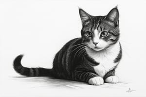 Charcoal drawing, black pencil drawing, pencil drawing, line drawing, black and white drawing, graphite drawing, white background
studio style shading from above, imitation,tabby cat with white bottom looking at viewer, focus on animal, absence of people, illustration,
in the style of Jean Baptiste, Simeon Chardin, Alexey Venetsianov, Camille Corot, Ghibli Genshin Impact studio