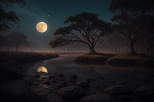 A serene fantasy scene unfolds beneath a radiant moonlit sky. A gnarled tree, its branches stretching towards the heavens like nature's own cathedral. In the distance, an alien figure emerges from the misty river, its bioluminescent scales shimmering in harmony with the lunar glow.,photorealistic