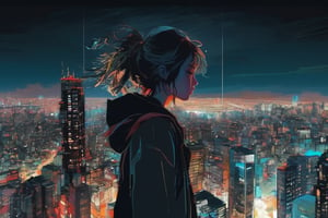a group of People in the dark | standing among the city skyscraper| darkness ,centered| detailed gorgeous face| anime style| key visual| intricate detail| highly detailed| breathtaking| vibrant| panoramic| cinematic| Carne Griffiths| Conrad Roset| ghibli