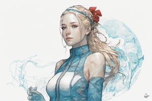 1girl,solo,cammy white,blue garrison cap,blonde hair,leotard,blue leotard,braid,twin braids,red gloves,necktie,long hair,ribbed leotard,blue eyes,scar,hand on hip,simple background,white background, || detailed  face| anime style| key visual| intricate detail| highly detailed| breathtaking| vibrant| panoramic| cinematic| Carne Griffiths| Conrad Roset| ghibli,DOUBLE EXPOSURE,digital artwork by Beksinski,art_booster