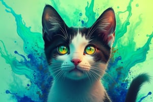 A photo of a cat with airplane ears, set against a background of swirling, vibrant ink splats in neon greens and blues. The close-up portrait emphasizes the cat's alert expression, with ink splats merging into the fur, creating a striking, modern visual.|| detailed  face| anime style| key visual| intricate detail| highly detailed| breathtaking| vibrant| panoramic| cinematic| Carne Griffiths| Conrad Roset| ghibli,DOUBLE EXPOSURE,digital artwork by Beksinski