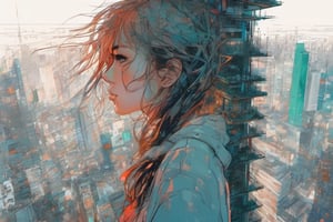 girl | standing alone on skyscraper| centered| detailed gorgeous face| anime style| key visual| intricate detail| highly detailed| breathtaking| vibrant| panoramic| cinematic| Carne Griffiths| Conrad Roset| ghibli