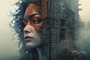 a group of People in the dark | standing among the city skyscraper| darkness ,centered| detailed gorgeous face| anime style| key visual| intricate detail| highly detailed| breathtaking| vibrant| panoramic| cinematic| Carne Griffiths| Conrad Roset| ghibli,DOUBLE EXPOSURE,digital artwork by Beksinski