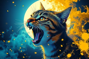 A photo of a tabby cat open mouth Meowing with airplane ears, set against a background of  a beautiful full moon, weth swirling, vibrant ink splats in neon yellow and blues. The close-up portrait emphasizes the cat's alert expression, with ink splats merging into the fur, creating a striking, modern visual.| a full moon and a pot of tea| detailed  face| anime style| key visual| intricate detail| highly detailed| breathtaking| vibrant| panoramic| cinematic| Carne Griffiths| Conrad Roset| ghibli,DOUBLE EXPOSURE,digital artwork by Beksinski