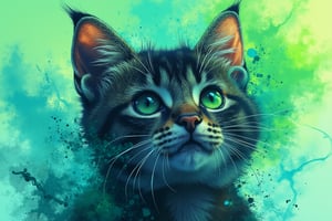 A photo of a cat with airplane ears, set against a background of swirling, vibrant ink splats in neon greens and blues. The close-up portrait emphasizes the cat's alert expression, with ink splats merging into the fur, creating a striking, modern visual.|| detailed  face| anime style| key visual| intricate detail| highly detailed| breathtaking| vibrant| panoramic| cinematic| Carne Griffiths| Conrad Roset| ghibli,DOUBLE EXPOSURE,digital artwork by Beksinski