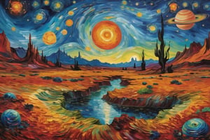 masterpiece, An oil painting of an alien planet, Van Gogh, galaxy in background, vibrant colors, best quality, highly detailed
