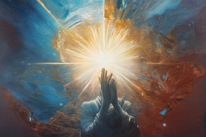 A majestic and awe-inspiring painting depicting (((the Hand of God))). The hand should be portrayed emerging from radiant clouds, with beams of divine light emanating from it, illuminating the surroundings. The fingers should be extended in a graceful yet powerful gesture, symbolizing creation, blessing, and divine intervention. The background can include celestial elements such as stars, a glowing aura, and a sense of infinite space. The overall composition should evoke a sense of reverence, wonder, and the omnipotence of God.|| detailed  face| anime style| key visual| intricate detail| highly detailed| breathtaking| vibrant| panoramic| cinematic| Carne Griffiths| Conrad Roset| ghibli,DOUBLE EXPOSURE,digital artwork by Beksinski,art_booster
