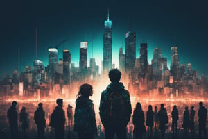 a group of People in the dark | standing among the city skyscraper| darkness ,centered| detailed gorgeous face| anime style| key visual| intricate detail| highly detailed| breathtaking| vibrant| panoramic| cinematic| Carne Griffiths| Conrad Roset| ghibli,DOUBLE EXPOSURE