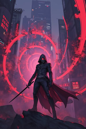 A mesmerizing masterpiece of anime artistry! In a sweeping spiral arrangement, cyberpunk-style panels unfold like a futuristic mandala. Amidst the neon-drenched haze, an assassin in sleek suit and scorching hot surroundings wields a deadly blade, as if conjuring steam from the humid air. Mafia-inspired intensity radiates from their gaze, shrouded in shadowed mystery.