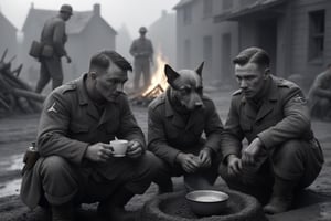 Black and white photographs, dog-faced male soldiers gathering on bonfires and enjoying coffee time in WWII-torn cities, dirty uniforms, mud floors, old-fashioned photographs, professional picture quality, dramatic light, 8k, uhd, professional picture quality,