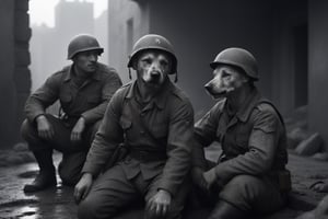 Black and white photographs, dog-faced male soldiers relaxing in World War II-torn cities, dirty uniforms, muddy floors, old-fashioned photographs, professional quality, dramatic light, 8k, uhd, professional quality,

