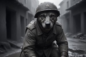 Black-and-white photographs, dog-faced male soldiers hiding in World War II-torn cities, dirty uniforms, mud floors, old-fashioned photographs, professional picture quality, dramatic light, 8k, uhd, professional picture quality,