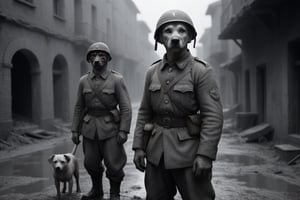 Black and white photographs, dog-faced male soldiers on guard duty in World War II-torn cities, dirty uniforms, mud floors, old-fashioned photographs, professional picture quality, dramatic light, 8k, uhd, professional picture quality,