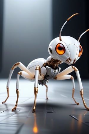 (((background:white))), 1ant, product mock up,((6 ant legs)), surreal and complex futuristic white ant, mechanical,light orange eyes,body color white and metal silver, precise details, cyberpunk, central, cinematic lighting, 8k, very_wide_shot,