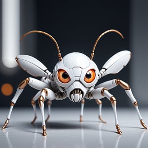 (((background:white))), 1ant, product mock up,((6 ant legs)), surreal and complex futuristic white ant, mechanical,((light orange eyes)),body color white and metal silver, precise details, cyberpunk, central, cinematic lighting, 8k, extreme long shot,pixel_art,Cybermask,DonMD3m0nXL, side,