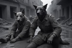 Black and white photographs, dog-faced male soldiers relaxing in World War II-torn cities, dirty uniforms, muddy floors, old-fashioned photographs, professional quality, dramatic light, 8k, uhd, professional quality,

