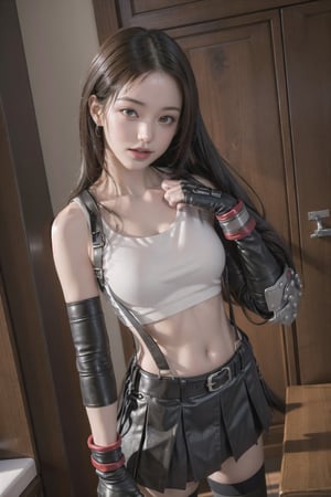 masterpiece, best quality, 7rtifa, crop top, arm guards, fingerless gloves, suspenders, pleated miniskirt, black thighhighs, upper body, standing, looking at viewer ,defTifa,jwy1