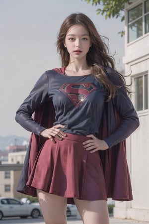 8k, best quality, real picture, intricate details, ultra-detailed, ultra highres, depth field,(photorealistic,realistic:1.2),masterpiece,photo of  european girl, supergirl, blue eyes, blonde hair, long hair, cape, skirt, pantyhose, superhero, hand on hips, solo, sun, blue sky,best quality, realistic, photorealistic, (intricate details:1.2), (delicate detailed), (cinematic light), clear line, sharp focus, realistic face, detailed face,unity 8k wallpaper, ultra high res, (photorealistic:1.4), looking at viewer 