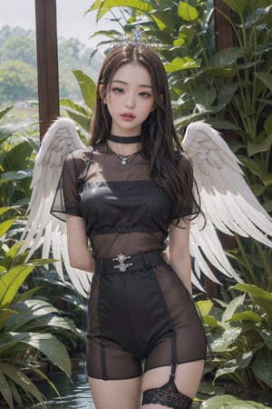 1girl, Garter Belt, goddess, pouting,jwy1,((see-through)),sleepy eyes,  ((hands behind back)),sumptuous jewel, tiara, wet, rainy forest, 30 yo,(angel_wings),CHIBI