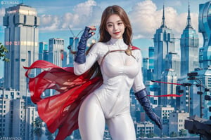 1girl, (white bodysuit), woman 20y old, serious face, looking at viewer, (background city:1.2), volumetric lighting, smile,( large breats,muscle body), standing,powergirl,jwy1