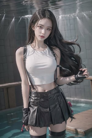 masterpiece, best quality, 7rtifa,arm guards, fingerless gloves, suspenders, pleated miniskirt, black thighhighs, upper body, standing, looking at viewer ,defTifa,jwy1, (white_crop_top),curvy,arm_behind_back,((under-water,under-water_hair,air_bubble,red_eye )),Detailedface