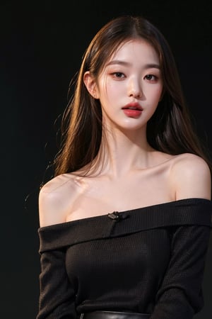 masterpiece, best quality, photorealistic, raw photo, 1girl, long hair, blouse, detailed skin, pore, off_shoulder, low key, black_background,jwy1