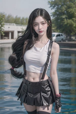 masterpiece, best quality, 7rtifa,arm guards, fingerless gloves, suspenders, pleated miniskirt, black thighhighs, upper body, standing, looking at viewer ,defTifa,jwy1, (white_crop_top),curvy,arm_behind_back,((under-water,under-water_hair,air_bubble,red_eye )),Detailedface,belly