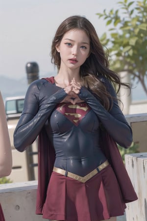 8k, best quality, real picture, intricate details, ultra-detailed, ultra highres, depth field,(photorealistic,realistic:1.2),masterpiece, supergirl, blue eyes, blonde hair, long hair, cape,((red skirt)), pantyhose, superhero,  solo, sun, blue sky,best quality, realistic, photorealistic, (intricate details:1.2), (delicate detailed), (cinematic light), clear line, sharp focus, realistic face, detailed face,unity 8k wallpaper, ultra high res, (photorealistic:1.4), looking at viewer ,((wet tight suit)),angry face,milokk