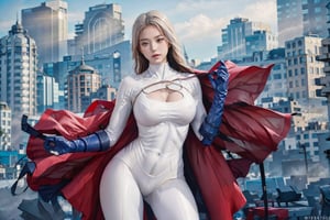 1girl, (white bodysuit), woman 20y old, serious face, looking at viewer, (background city:1.2), volumetric lighting, ( large breats,muscle body), standing,powergirl,jwy1