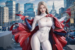 1girl, (white bodysuit), woman 20y old, serious face, looking at viewer, (background city:1.2), volumetric lighting, smile,( large breats,muscle body), standing,powergirl,jwy1