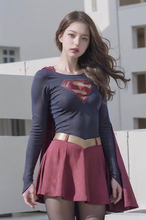 8k, best quality, real picture, intricate details, ultra-detailed, ultra highres, depth field,(photorealistic,realistic:1.2),masterpiece, supergirl, blue eyes, blonde hair, long hair, cape,(( red skirt)), pantyhose, superhero,  solo, sun, blue sky,best quality, realistic, photorealistic, (intricate details:1.2), (delicate detailed), (cinematic light), clear line, sharp focus, realistic face, detailed face,unity 8k wallpaper, ultra high res, (photorealistic:1.4), looking at viewer ,((tight suit)),angry face,((flying pose)),milokk