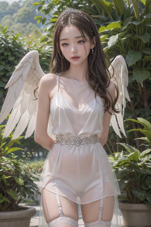 1girl, Garter Belt, wedding dress, pouting,jwy1,((see-through)),sleepy eyes,  ((hands behind back)),sumptuous jewel, tiara, wet, rainy forest, 30 yo,(angel_wings),CHIBI