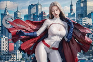 1girl, (white bodysuit), woman 20y old, serious face, looking at viewer, (background city:1.2), volumetric lighting, ( large breats,muscle body), standing,powergirl,jwy1