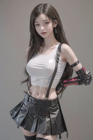 masterpiece, best quality, 7rtifa,arm guards, fingerless gloves, suspenders, pleated miniskirt, black thighhighs, upper body, standing, looking at viewer ,defTifa,jwy1, white crop top,curvy,arm_behind_back